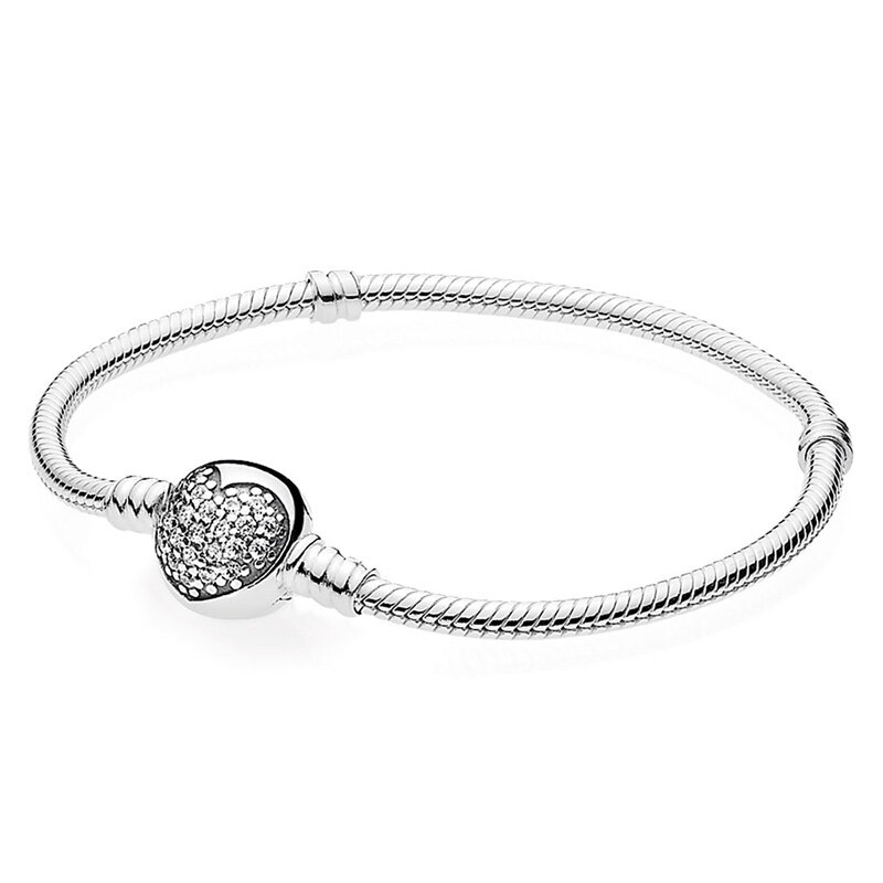 Original Rose Moments Pave Wishful Heart Clasp Snake Chain Bracelet Fit Pandora Bangle 925 Sterling Silver Charm DIY Jewelry