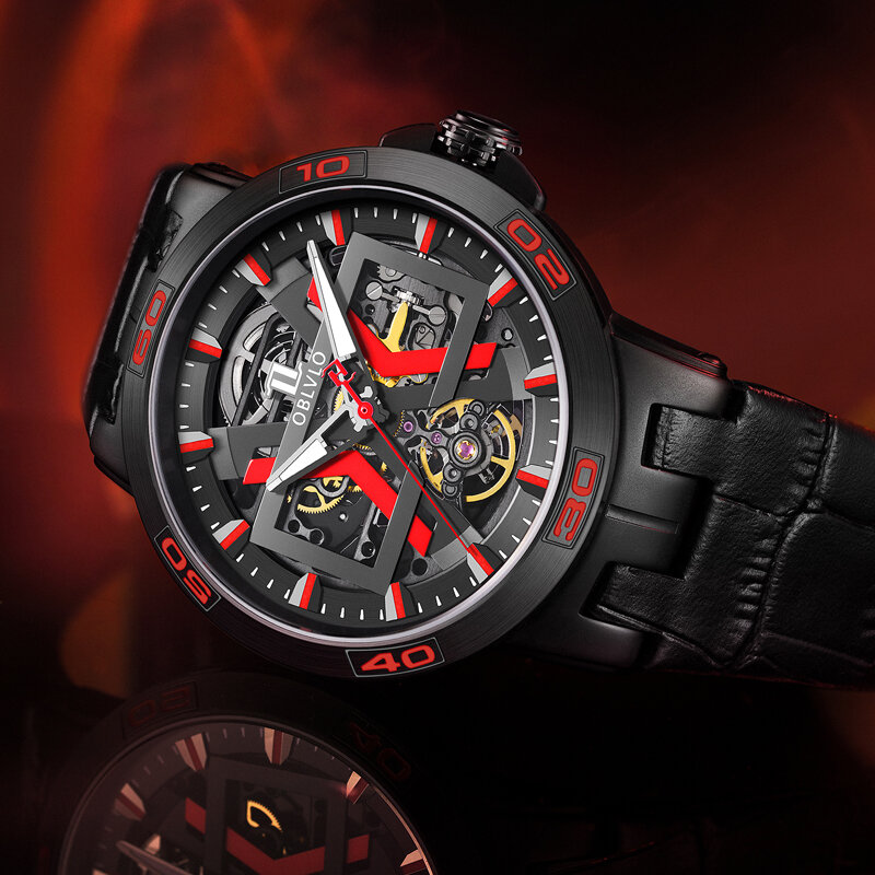 OBLVLO Новые черные Автоматические часы-скелетоны OBLVLO для мужчин, водонепроницаемые военные часы с кожаным ремешком