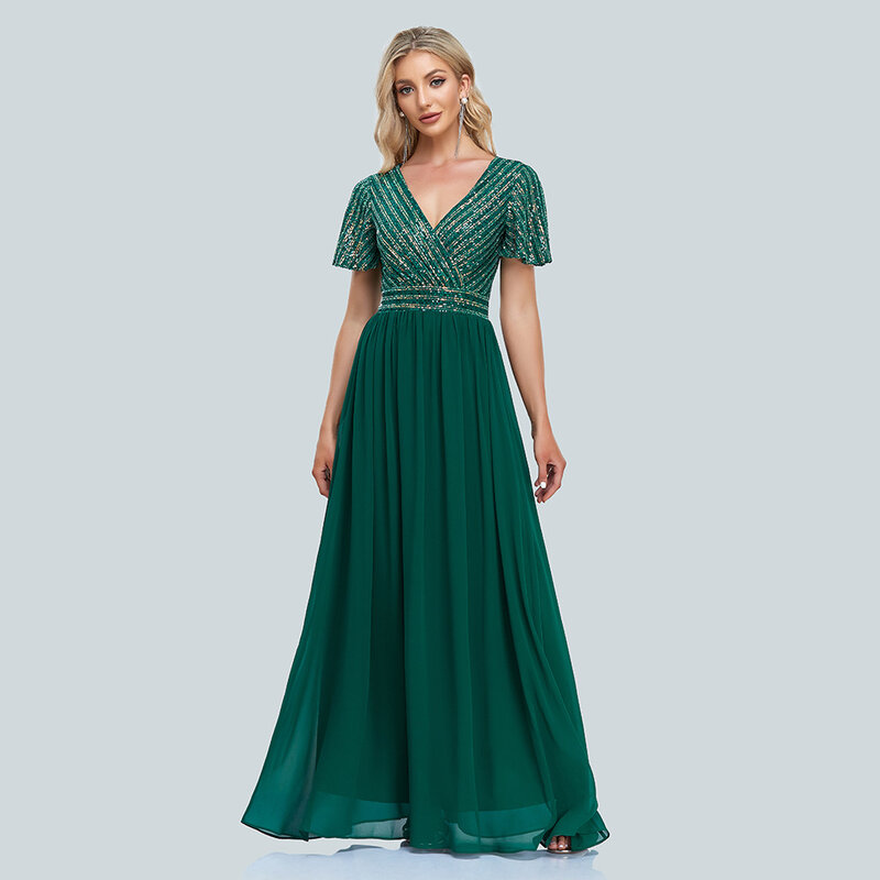 A-Line dekolt w serek cekiny i szyfonowa zielona suknia wieczorowa z krótkimi rękawami długość podłogi sukienki letnie damskie sukienki darmowa wysyłka