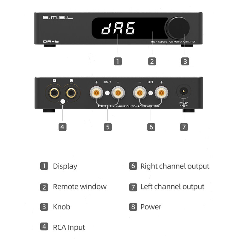SMSL DA-6 70W * 2 전력 앰프 클래스 D 2.0 고해상도 디지털 오디오 앰프 HiFi 데스크탑 미니 앰프 스피커