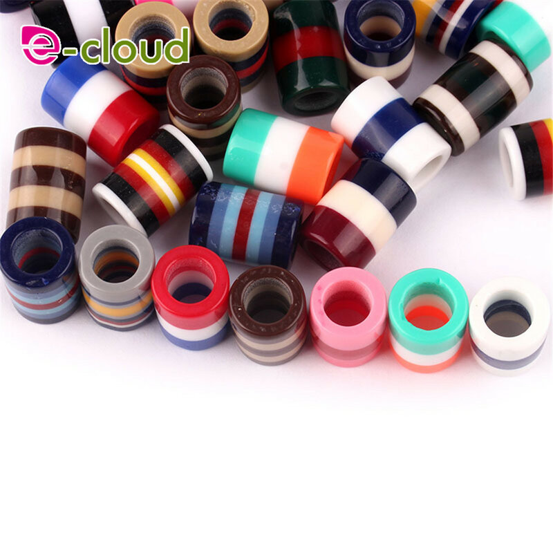 50pcs Colorful Resin Dreadlock Beads Rainbow Stripes Pattern Hair Braid Cuffs Clips 6mm Hole Tube Braids Styling Accessory