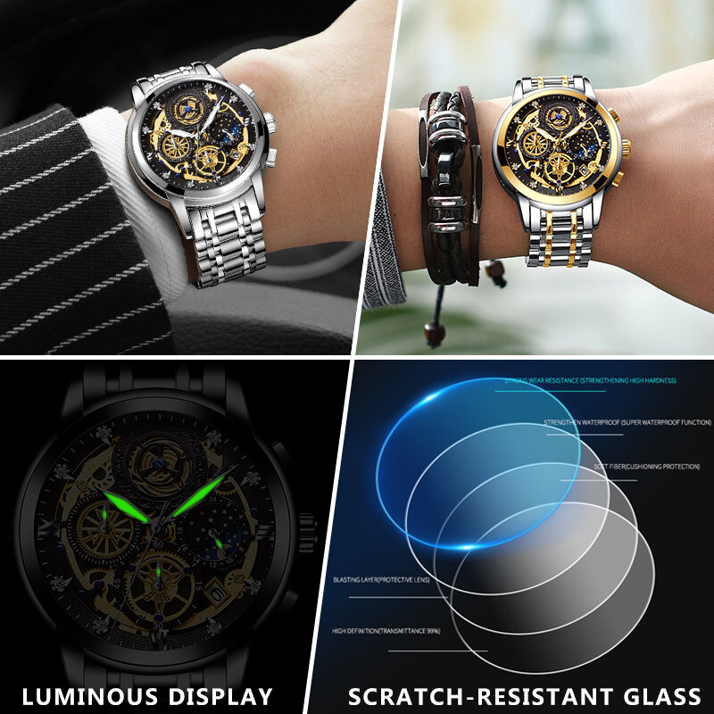 WISHDOIT orologio originale per uomo impermeabile in acciaio inossidabile al quarzo analogico Fashion Business Sun Moon Star orologi da polso Top Brand