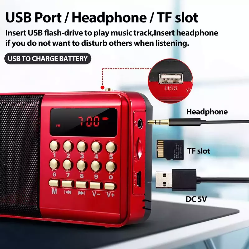 Mini Radio portátil de mano Digital FM USB TF reproductor MP3 altavoz recargable