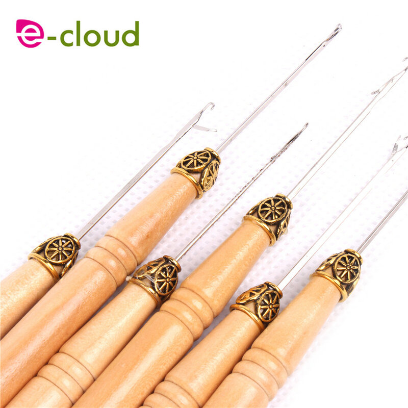 5 pçs cabo de madeira gancho agulha com fio de ferro ferramentas extensão do cabelo peruca do laço que faz tricô micro anel laço de tecelagem crochê