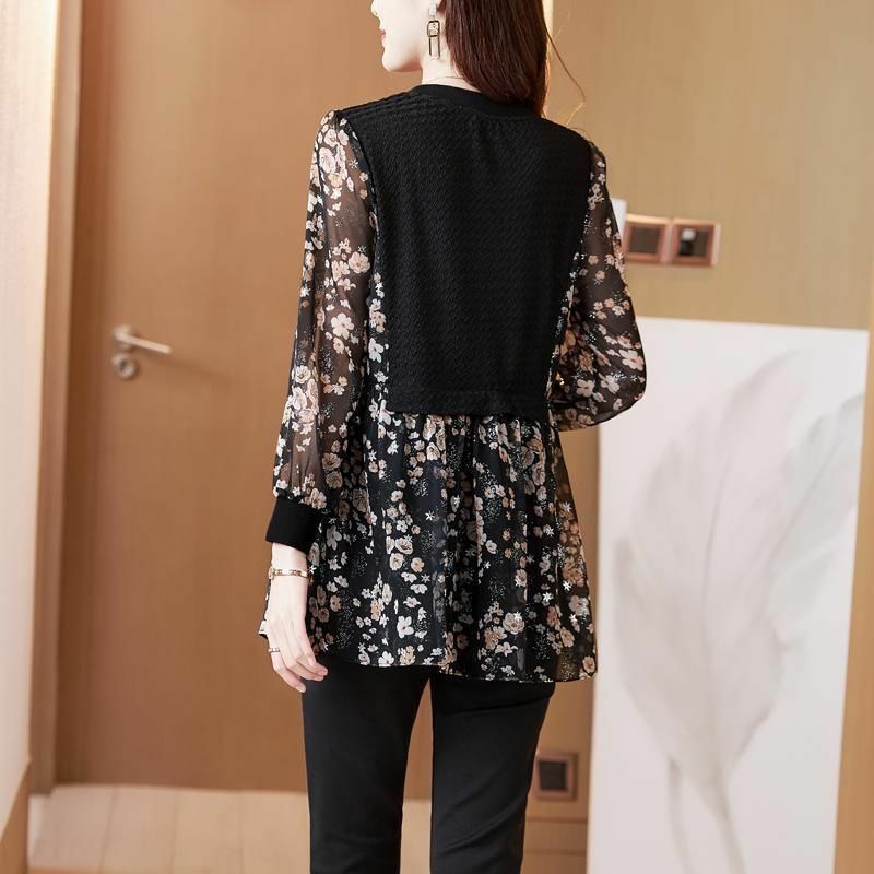 Floral chiffon blouse women top 2022 spring and summer new loose and thin cover belly waist t-shirt long-sleeved bottoming shirt