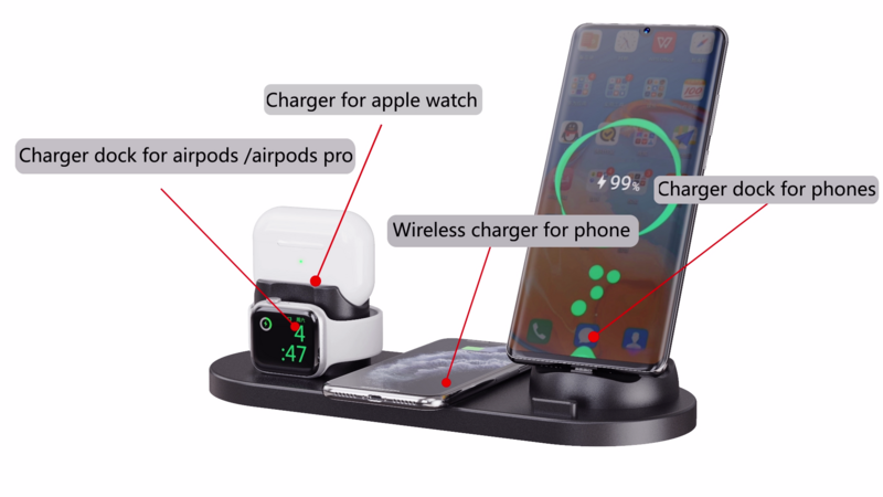 Беспроводное зарядное устройство 6 в 1 для Iphone 12, 13, Samsung S10, Apple Watch, Airpods, быстрая зарядная станция