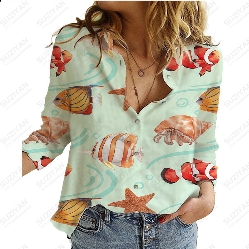 Baju Wanita lengan panjang, baju atasan wanita motif hewan laut, baju Y2k, Pullover liburan, baju lengan panjang