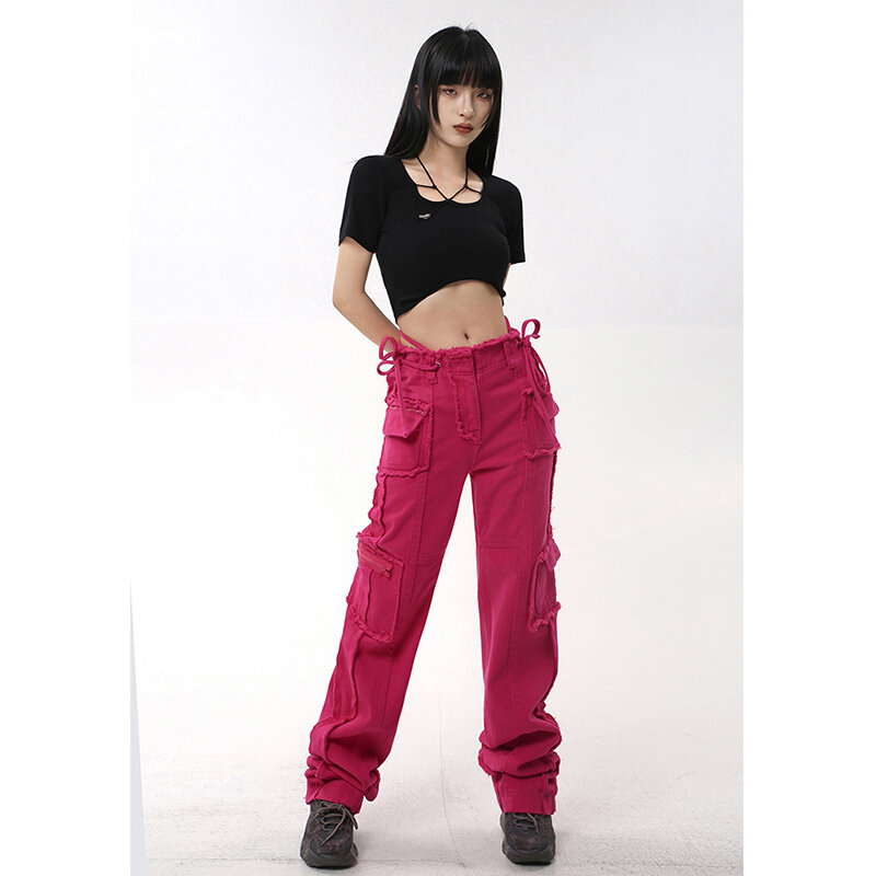 Jeans Kargo Antik Merah Hip Hop Wanita Celana Lurus Saku Longgar Mode Celana Denim Lebar Jalan Kaki Mengepel Celana Panjang Wanita Musim Panas