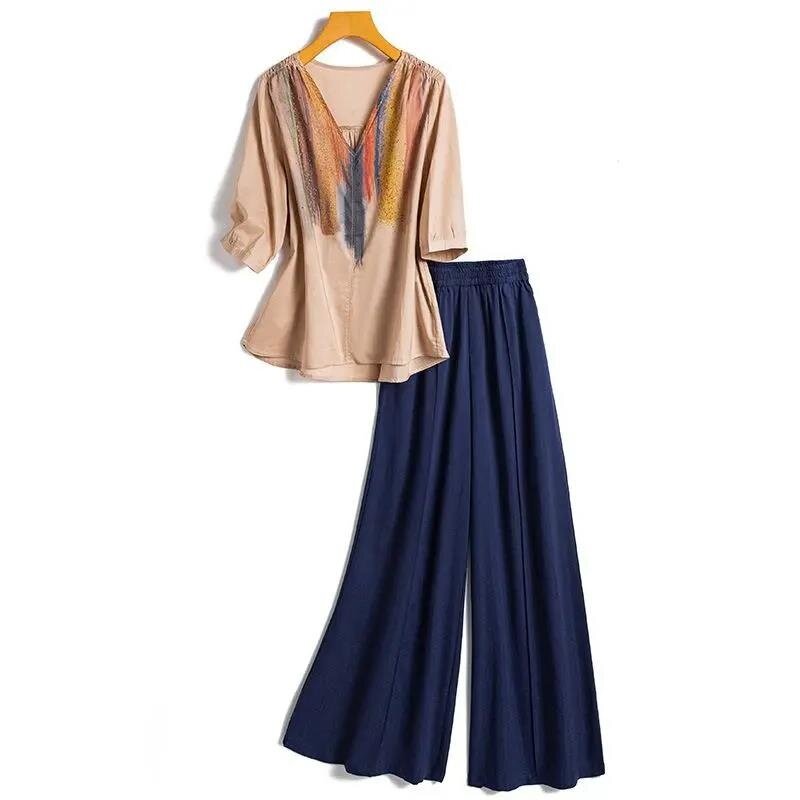 Pants suit female 2022 spring and summer new fashion large size cotton linen top high waist casual wide leg pants two-piece set