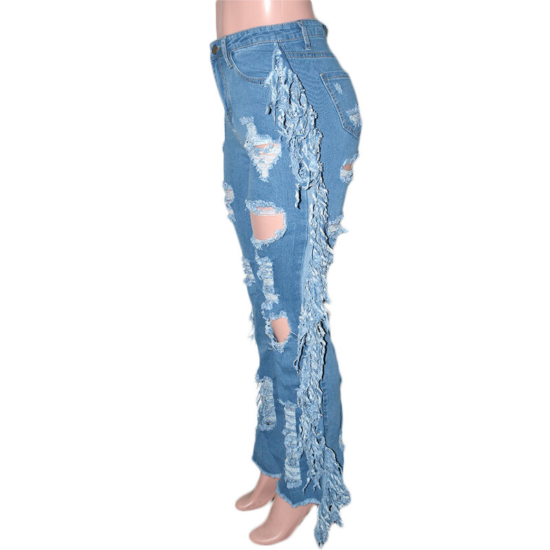 Penjualan Laris Terbaru Musim Panas Wanita Jeans Rumbai Lubang Sobek Pinggang Tinggi Amerika Street SIN Celana Panjang Tren Mode