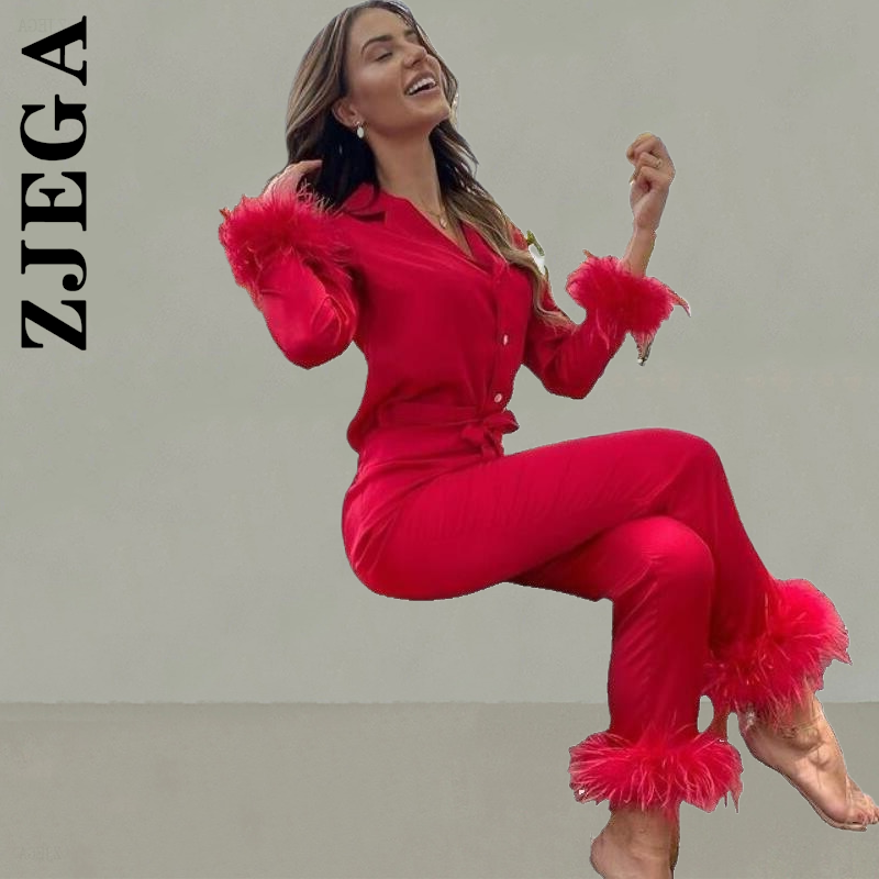 Zjega ชุดนอนสตรีแฟชั่นแขนยาวปุ่ม Homewear และ Celana Slim ชุดง่าย Loungewear ชุดสูทเสื้อผ้าหญิง