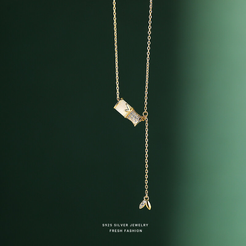 S925 prata bambu borla colar luz feminina temperamento de luxo requintado high-end design jóias presente
