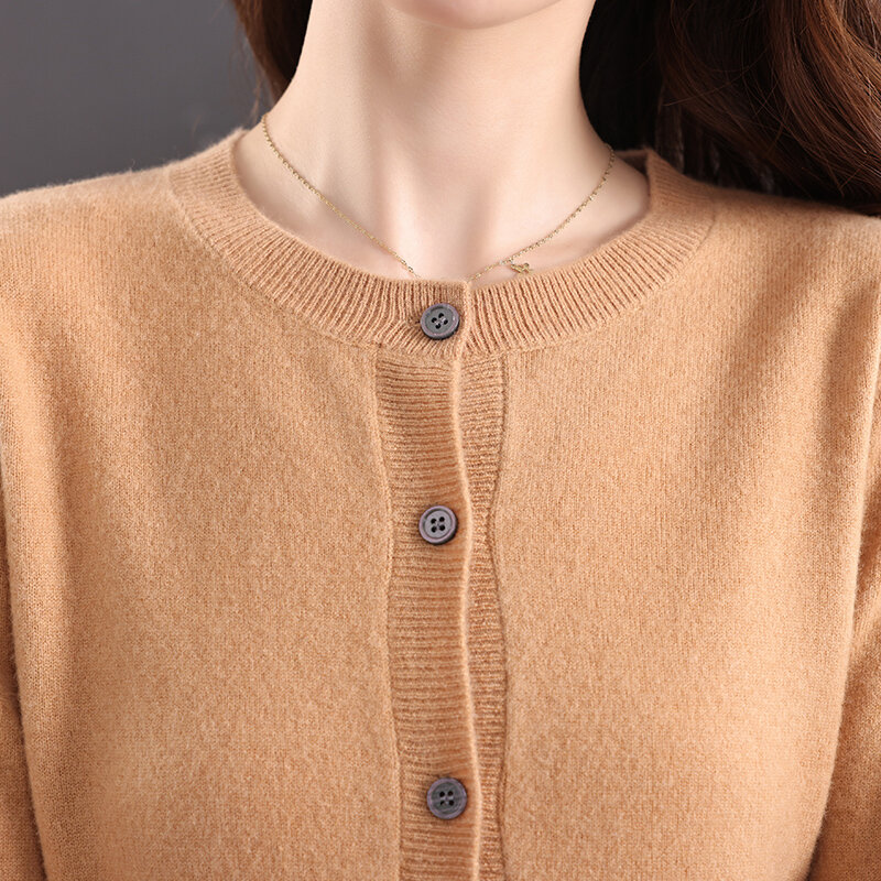 Cárdigan de lana pura para mujer, suéter de punto de manga larga corta con cuello redondo, abrigo Simple de Color sólido, otoño e invierno, 2022