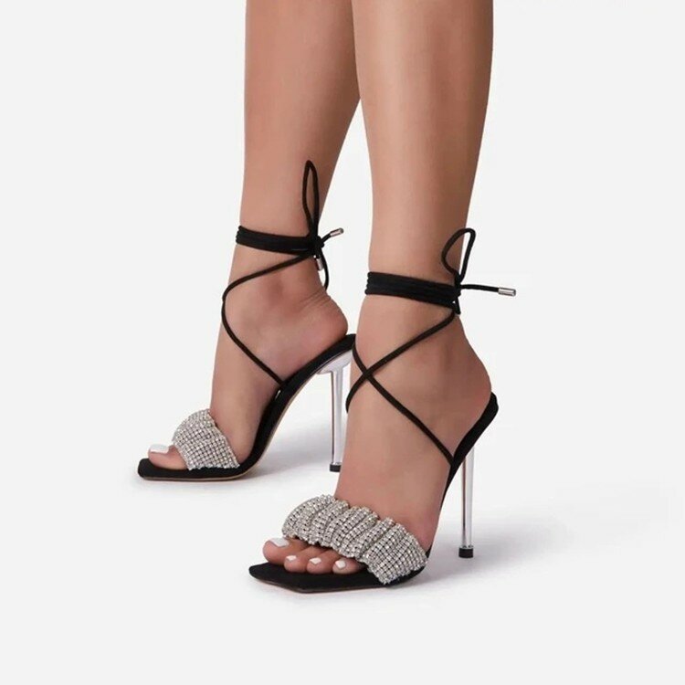 Senhora festa chinelo sapatos plus size sandálias femininas sexy peep toe tornozelo cinta sapatos cruz laço-up stiletto salto alto