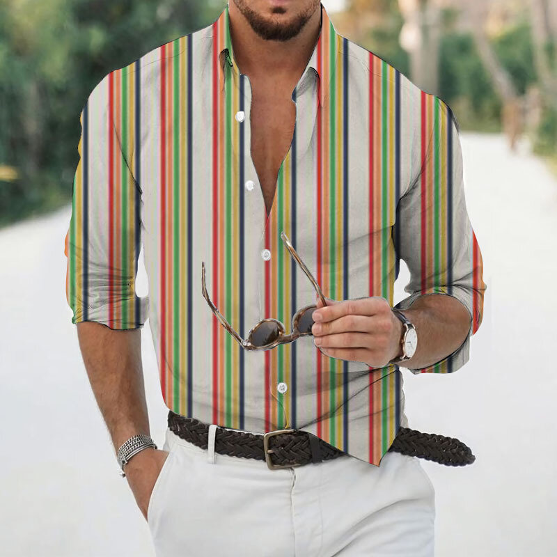 Spring Hawaiian Men's Shirt Full Sleeve Strip Cool Thin Printed tee Shirted for Men Clothing Male Casual Tops Tee Shirt Men