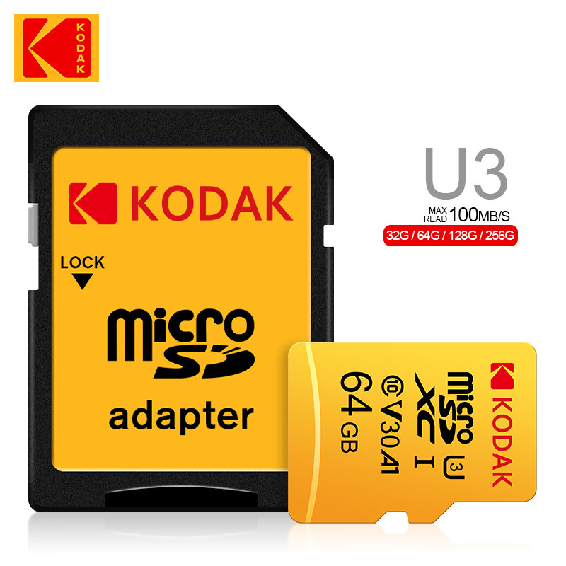 KODAK EVO Plus Kartu Memori 256GB 128GB U3 4K Kartu SD Mikro 64GB 32GB SDHC Microsd UHS-I C10 TF Trans Flash Microsd dengan Adaptor