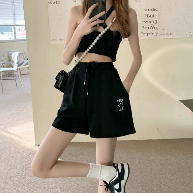 Black casual sports shorts for schoolgirls Korean version loose 2022 new high waist slimming five points wide leg pants summer