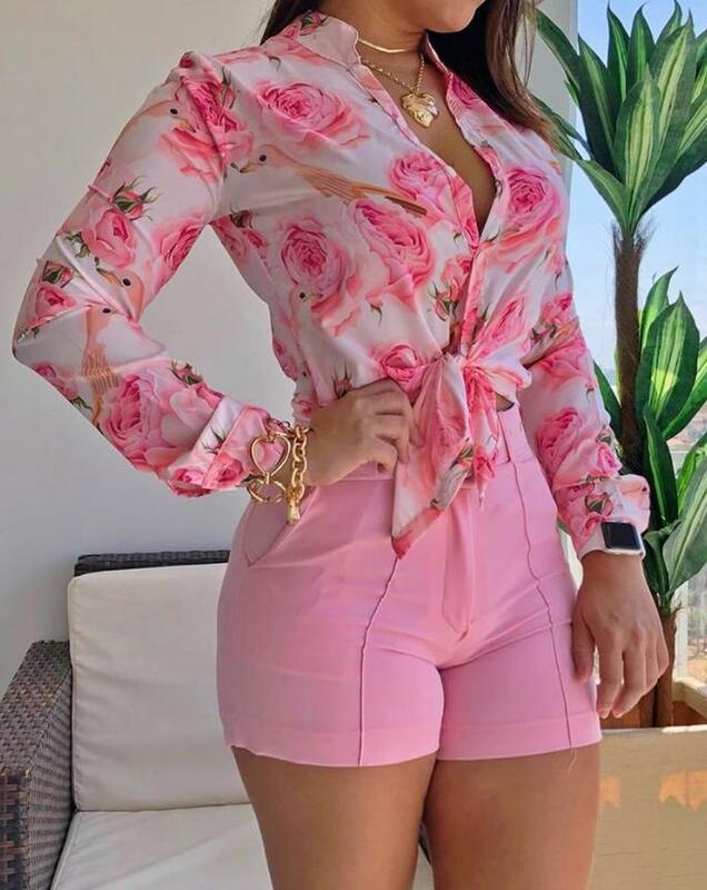 Top Women 2023 Trendy Fashion Floral Print Long Sleeve Buttoned Top Elegant Work Office Lady Blouse All-Match
