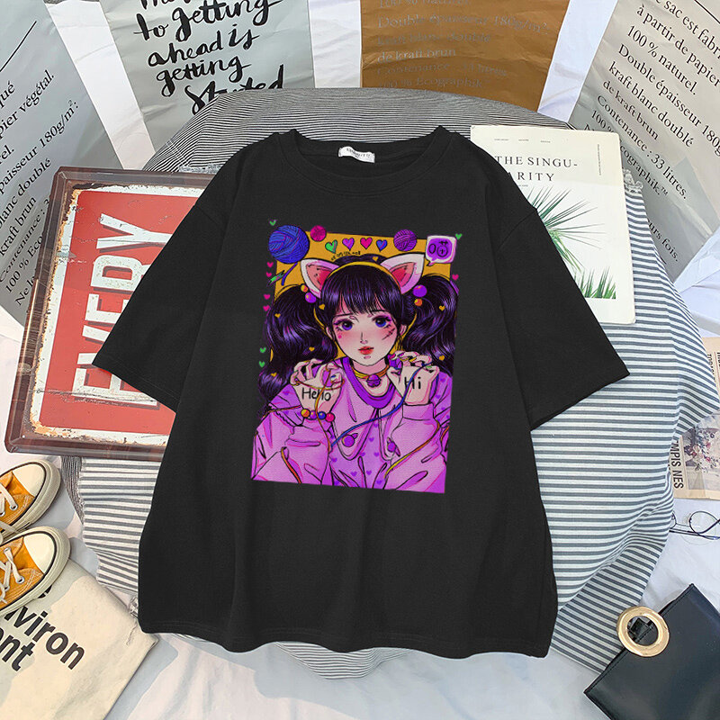 Camiseta de manga corta con estampado de dibujos animados para mujer, ropa de calle holgada estilo Harajuku, Punk, gótico, Hip Hop, de gran tamaño