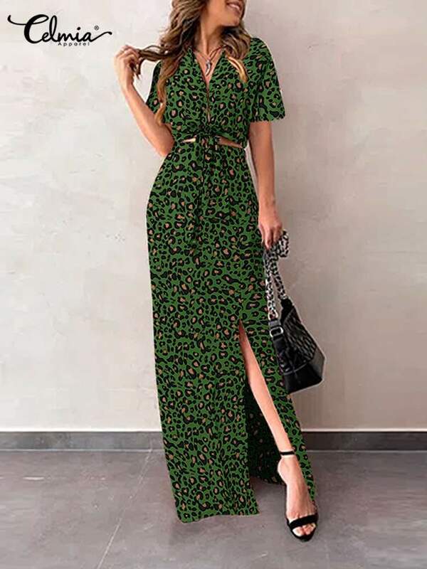 Celmia – robe d'été imprimée léopard pour femmes, ensemble 2 pièces, manches courtes, ourlet à bande, haut court et jupe longue fendue, 2022