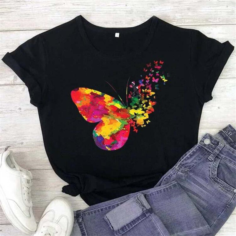 Funny Women T Shirt Trend Butterfly Print Fashion Woman Blouses 2022 Short Sleeve T-shirt Female Casual Streetwear Clothes Tops