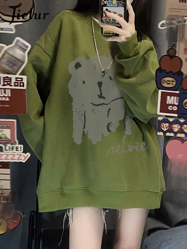 Jielur-Sudadera con capucha de lana para mujer, suéter informal de cuello redondo, de manga larga, Color liso, estilo Harajuku