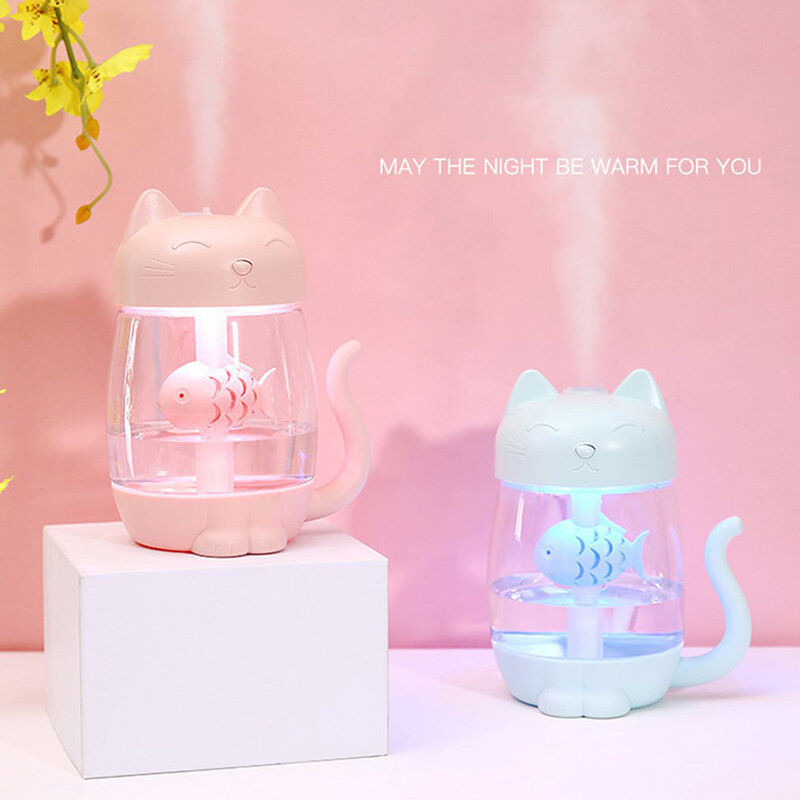 350ML kot nawilżacz powietrza z kolorowym światłem LED ultradźwiękowy 3 w 1 uroczy kociak jeść ryby Humidificador USB rozpylacz zapachów Fogger