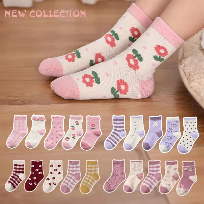Calcetines antideslizantes de goma para niños y niñas, medias de algodón de 5 par/lote, color liso, a rayas, para primavera