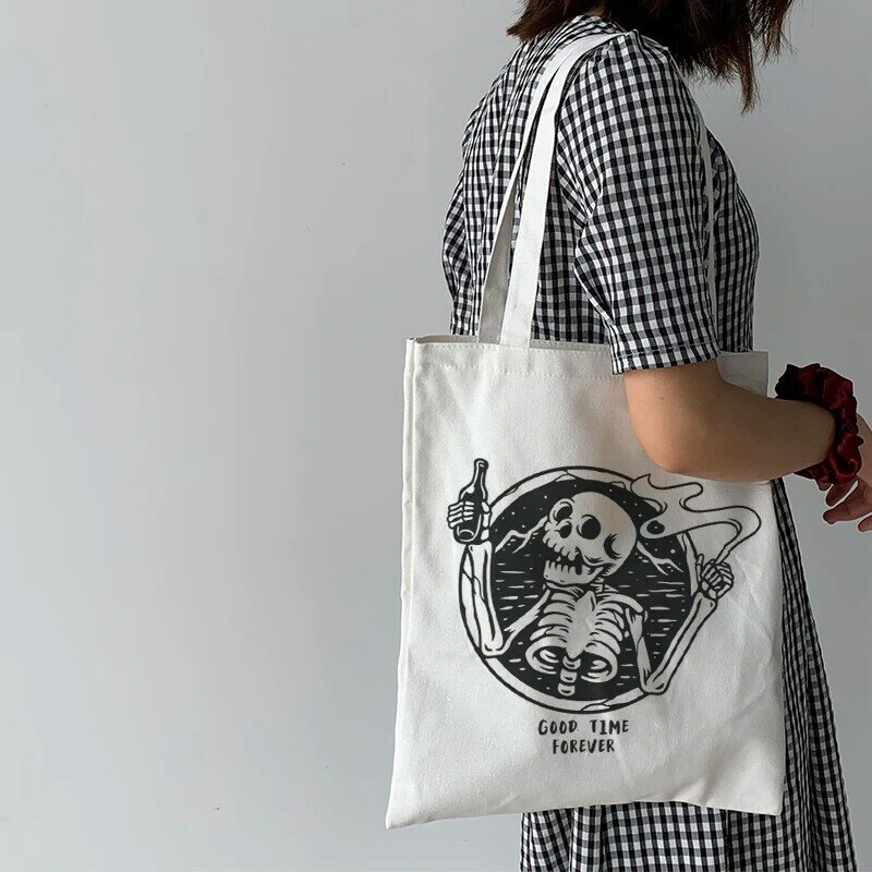 سعة كبيرة الهيب هوب المرأة حقيبة كتف الجمجمة طباعة Harajuku الإناث حقيبة قماش قنب عادية الكرتون إلكتروني المتسوق حقيبة