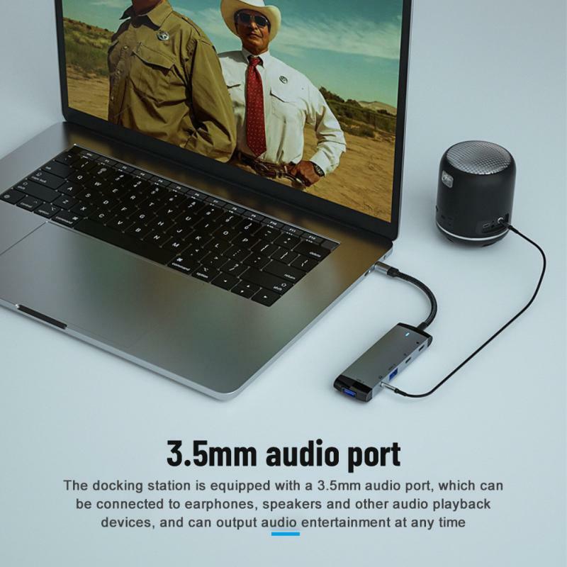 Hub portátil USB C Multiport, Transferência de dados, Multifunções com áudio, Adaptador, Ferramentas de escritório, USB 3.0, 2.0, 3,5mm, 480mbps