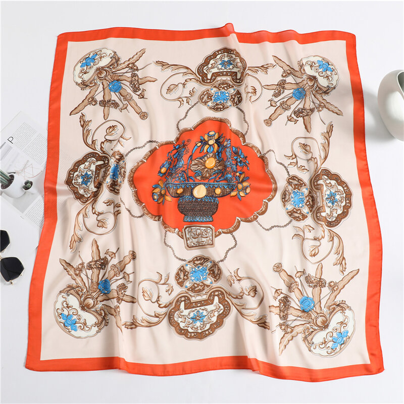 Bufanda cuadrada de seda satinada para mujer, pañuelo de Hijab, silenciador, diadema musulmana, pañuelo para el cuello, Fular para mujer de 90x90cm, 2022