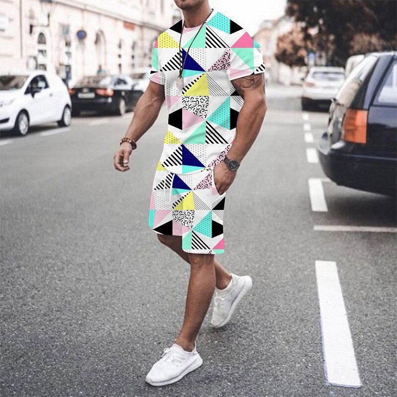 Спортивный костюм мужской с 3D-принтом, дышащий комплект из футболки и спортивной одежды, с геометрическим узором, стиль Харадзюку, на лето