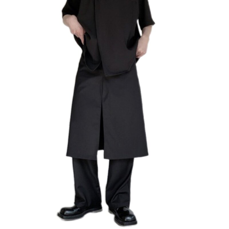Doppel Schicht Retro Männer Hosen Männer Hosen Gothic Stil Schwarz Einfarbig Gefälschte 2 Stück Bühne Japan Jugend Mann Persönlichkeit böden