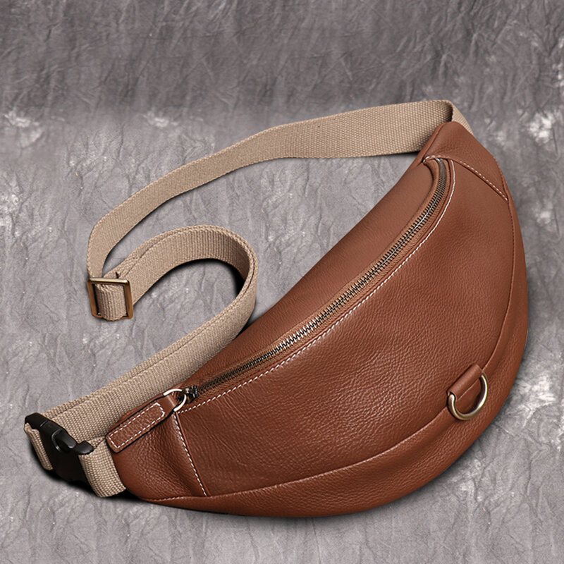 Genuine Leather Waist Bags for Men Retro Travel Shoulder Bags Men's Daily Interlayer Canvas Chest Bags Unisex Small Bag