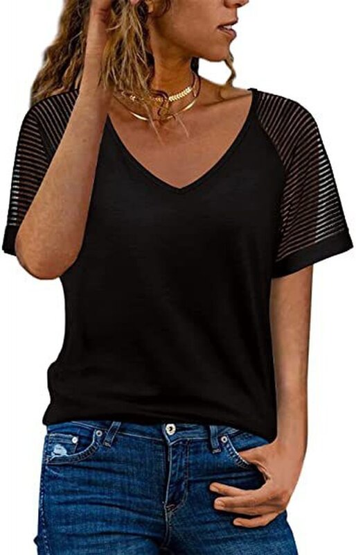 2022Women Fashion Mesh V Neck Short Sleeve Loose Casual Pure Color Summer T Shirts