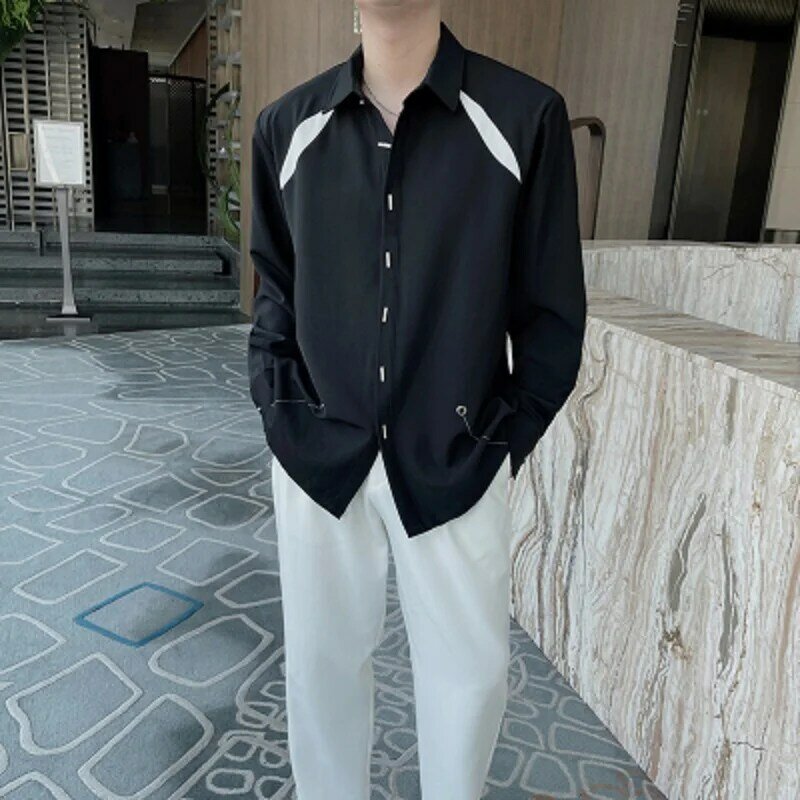 สุทธิคนดังโซเชียลเสื้อผู้ชายออกแบบเสื้อแขนยาวหลวมๆ Niche ความคมชัดสีสีดำสีขาวเสื้อผ้า