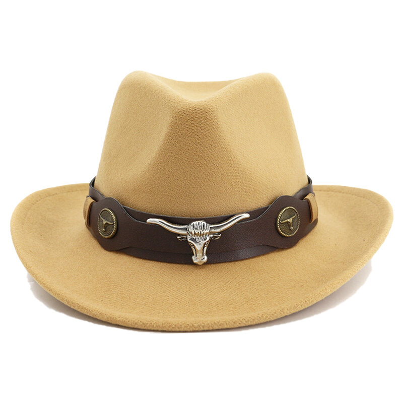 Zachodni kapelusz kowbojski dla kobiet walcowane krawędzie kowbojskie kapelusze Fedora ze skórzanym szerokim rondem jesień wełna filcowa luksusowa czapka męska rozmiar 56-58CM