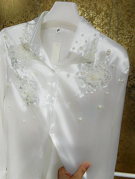 Женский топ с блестками и трехмерными цветами, свободная рубашка большого размера на пуговицах, модная одежда, 2022