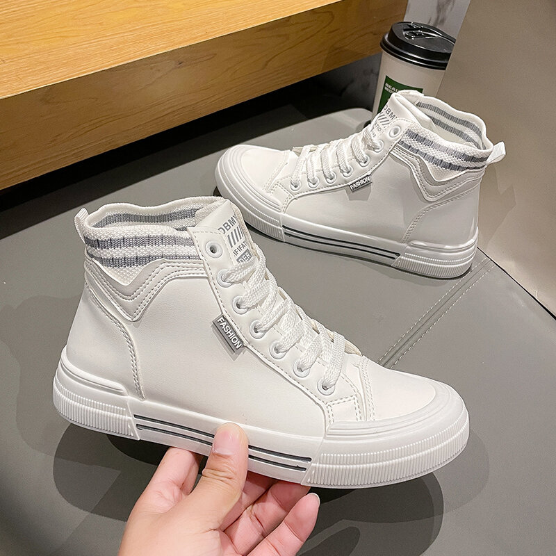 Zapatillas deportivas de lona para mujer, zapatos vulcanizados de cuero blanco, diseño de lujo, informales, con cordones, 2022