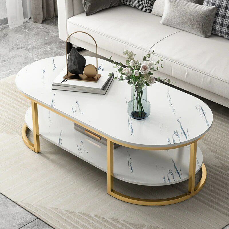 Nordic Oval Coffee Tables Decoration Living Room Luxury White Glass Coffee Table Double Layer Storage Mesa Centro Household Item