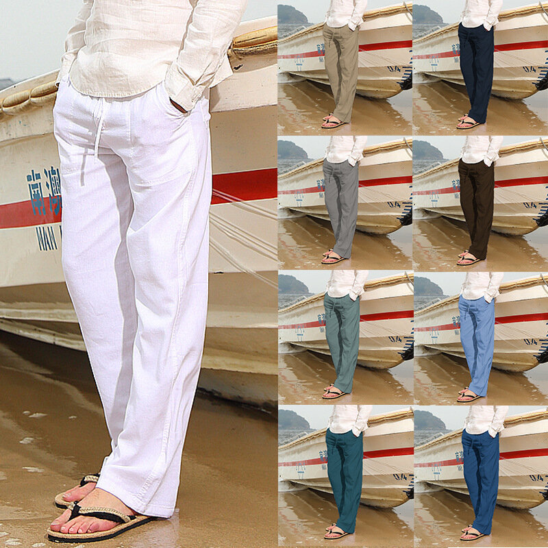 Pantalones informales de algodón y lino para hombre, Pantalón recto de talla grande, color blanco y negro, para playa y Fitness, novedad de 2023