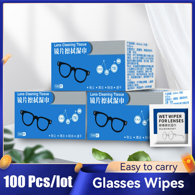 100pcs/Box Glasses Cleaner Wet Wipe Disposable Anti Fog Misting Dust Remover Cleaning Lens Wipes Sunglasses Phone Screen
