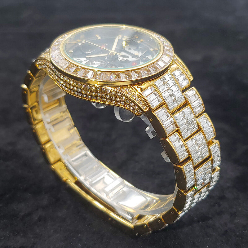 Montre de luxe en or véritable 18K pour hommes, mécanique, automatique, glacé, squelette entièrement en diamant, horloge creuse, bijoux rubis