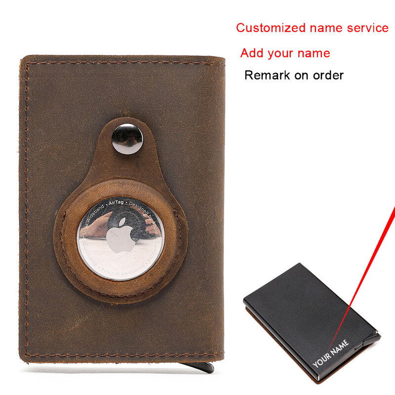 Customized Engraving Credit Bank Card Holder Rfid Airtag Wallet Men Aluminum Card Holder Men Genuine Leather Apple Airtag Wallet