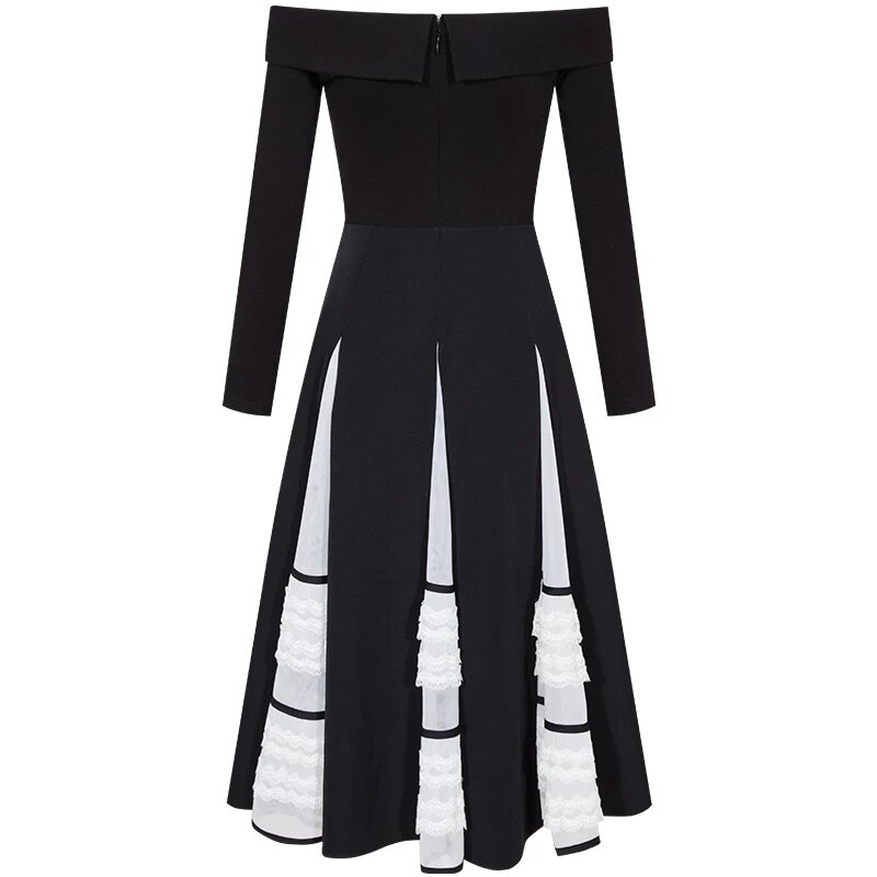 French Court Style Retro Pleated Splicing Mesh New Arrivals Black Dress Long Sleeves Elegant A-line Dinner Party Dress Mid-calf