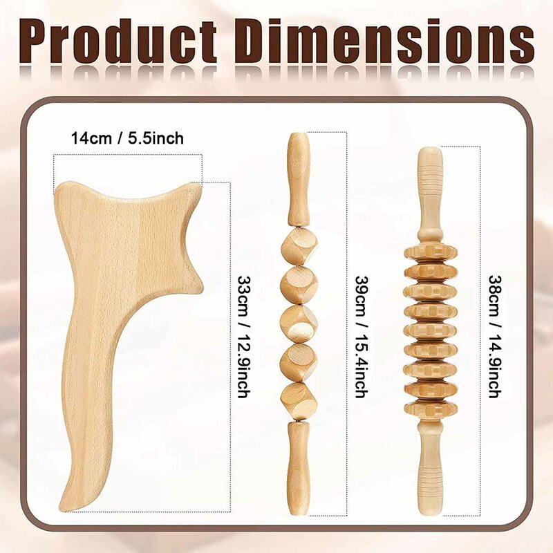 3Pcs Wooden 9-wheel Massager and Cube Massager and Gua Sha Massager for Lymphatic Drainage Anti Cellulite Muscle Pain Relief