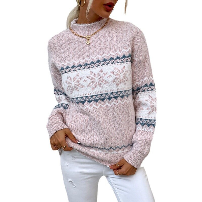 Sweater Wanita Longgar Rajutan Kepingan Salju Turtleneck Natal Sweater Pullover Hangat Mode Musim Dingin Jumper Semua Cocok untuk Wanita Kasual