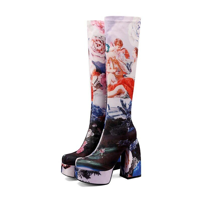 Punk Style Autumn Winter Elastic Microfiber Shoes Woman High Heels Black Thick Platform Long Knee High Boots