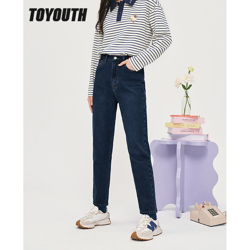 Toyouth jeansy damskie 2022 jesień w pasie proste spodnie dżinsowe jednolity niebieski swobodny szyk Streetwear kobiece spodnie Harem