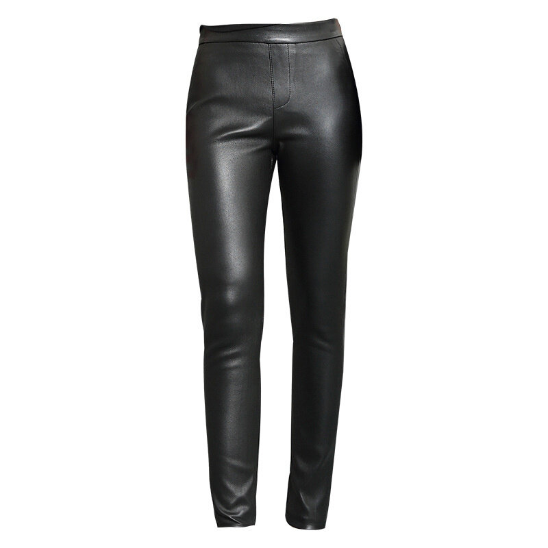 2022 novo outono novo couro genuíno fino preto fashions desenho cintura elástica calças de concisa feminina cintura alta lápis calças